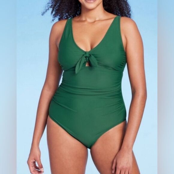 NWT Kona Sol Women’s Green One Piece Swimsuit Ruched Tie Front - Size S - Picture 5 of 9